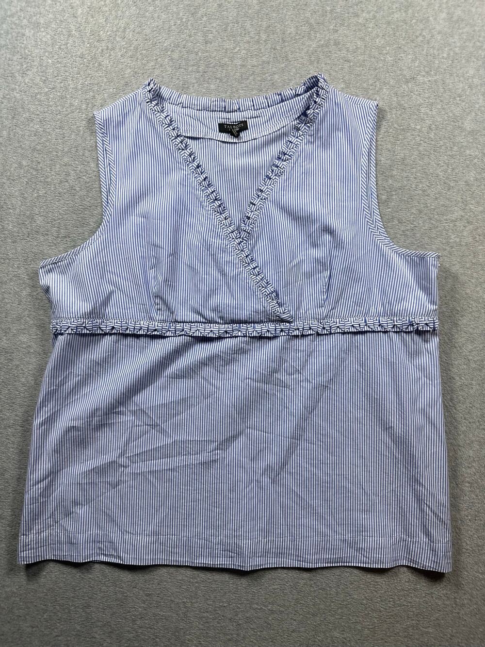 Talbots Blouse Top Women's Size 18 Blue White Striped Sleeveless Ruffle Trim